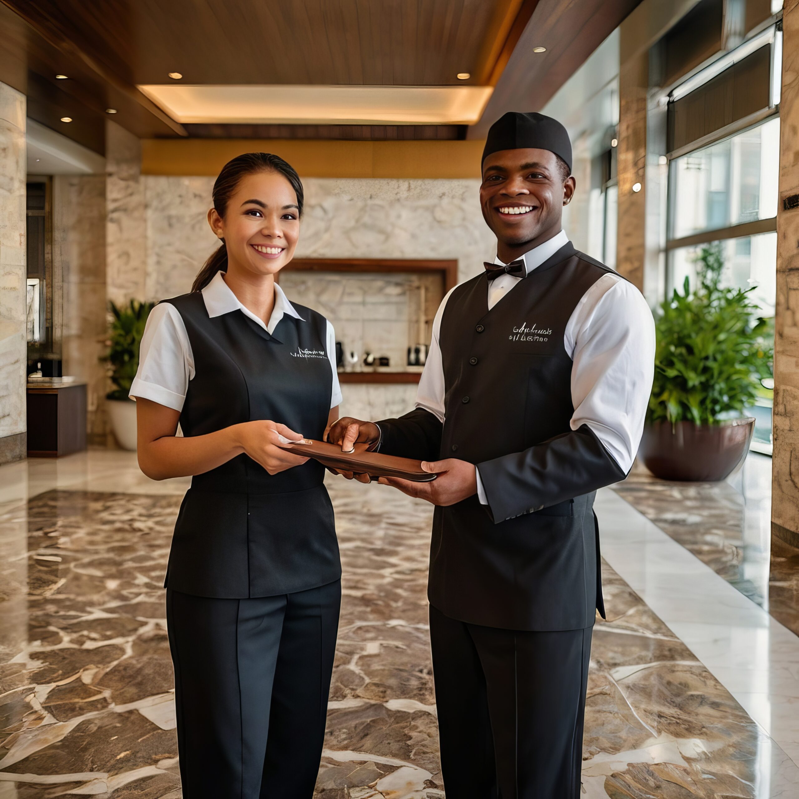 hospitality-hotel-staff-welcoming-gue-four-women-wearing-white-shirts-with-word-airline-them